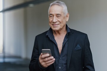 Confident Older Caucasian Businessman Black Suit Using Smartphone Modern Office - Professional Portrait Business Communication Leadership