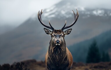 A majestic red deer stag stands proudly in the Scottish Highlands its impressive antlers silhouetted against a misty mountain backdrop embodying the wild beauty and grandeur of nature
