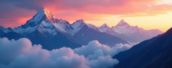 Majestic Himalayan peaks Annapurna IV and II shrouded in misty clouds at sunset, mountains, clouds