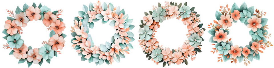 Fototapeta premium Romantic floral wreaths with pink and mint colored flowers leaves and foliage elements Beautifully arranged round ornaments with delicate petals and natural greenery Elegant vintage