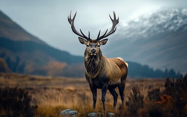 Majestic red deer stag standing proudly amidst the rugged Scottish Highlands with its impressive antlers on display against a misty mountain backdrop evoking a sense of wild beauty and nature's grande
