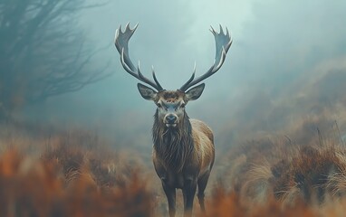 Majestic red deer stag standing proudly amidst the rugged Scottish Highlands with its impressive antlers on display against a misty mountain backdrop evoking a sense of wild beauty and nature's grande
