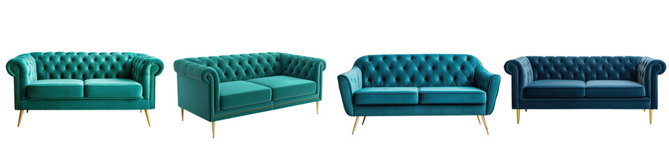 Fototapeta premium Elegant and luxurious tufted velvet sofas arranged in a stylish interior design setting showcasing various seating options and arrangements for a modern living space office or reception area