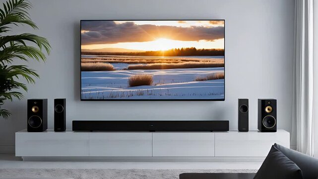 Modern living room with large TV and stylish entertainment setup in a minimalist home interior