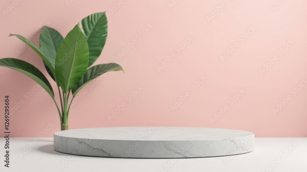 Poster a minimalist studio display featuring a circular pedestal and lush greenery against a soft pink back