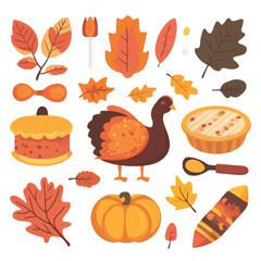 Classic Thanksgiving items like a turkey, pumpkin pie, and autumn leaves.