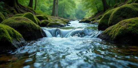 Fototapeta premium Serene river waters cascading over mossy rocks, landscape, flooding