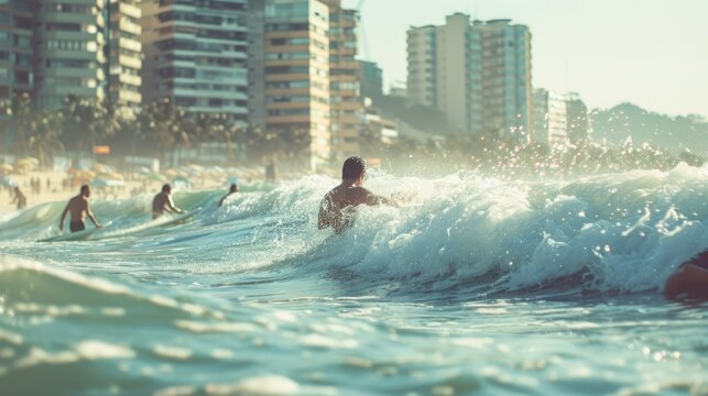 Surfers riding the waves in a vibrant beach scene with tall buildings and sunlit coast in the background