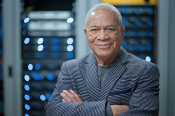 Confident Older African American Businessman Modern Blazer Smiling High-Tech Server Room Blue Lighting - Diversity Leadership Technology Marketing Materials Tech Industry