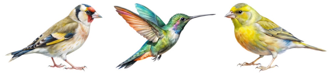 Colorful bird illustrations, detailed watercolor style, vibrant hummingbird, realistic songbirds, nature art, wildlife depiction.