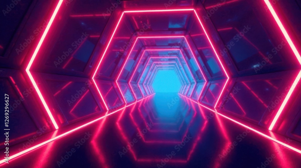 Poster futuristic hexagonal corridor illuminated with vibrant pink and blue neon lights reflecting on a gle