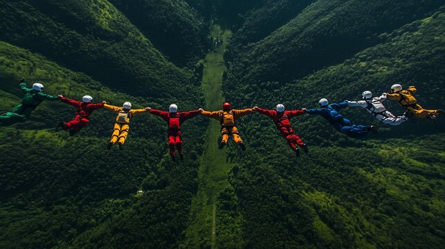 Skydivers in colorful suits fly in formation over a lush green valley.