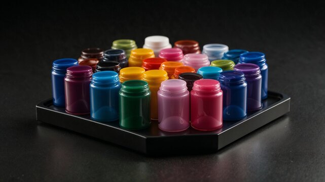 Assorted colorful tattoo ink caps arranged on black tray in artistic studio setting for tattoo supplies