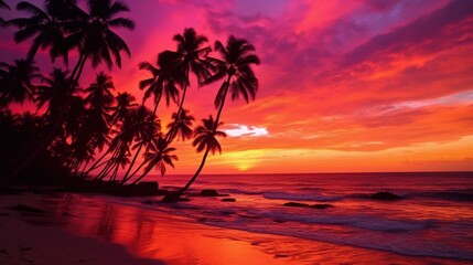 A vibrant sunset over a beach, with silhouetted palm trees against a colorful sky filled with shades of pink, purple, and orange.