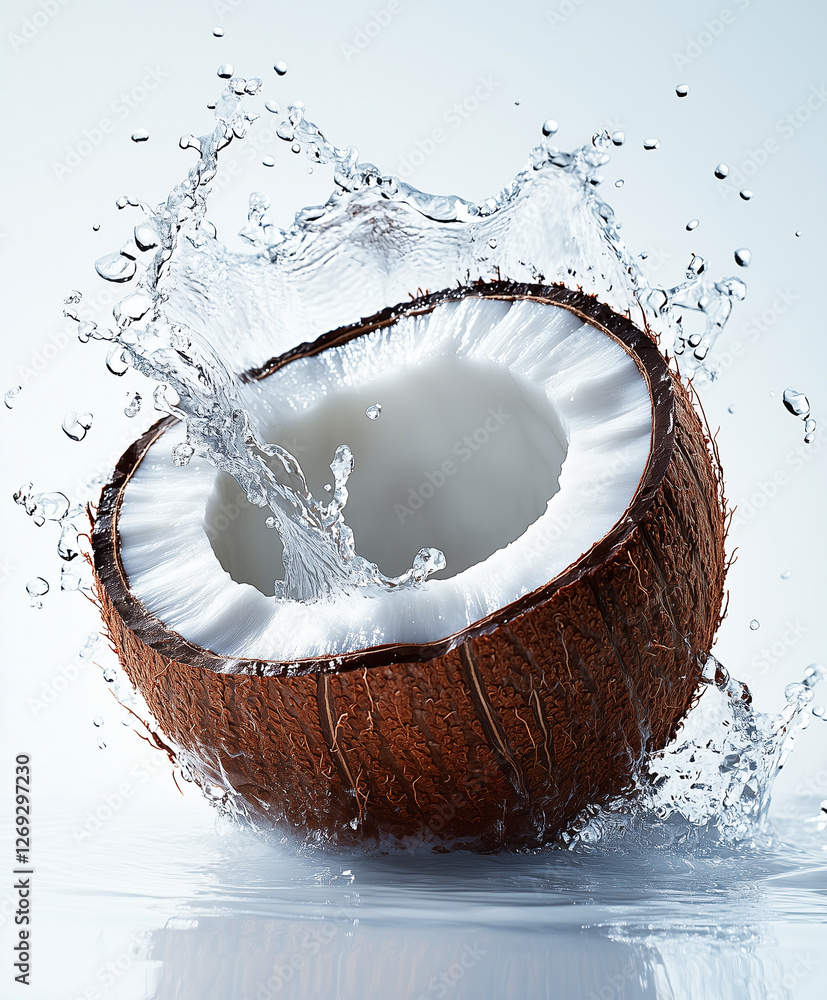 Poster half coconut splashes in smooth clear water, creating dynamic droplets and refreshing scene. image c