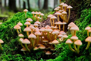 Nahaufnahme kleiner Pilze auf einem abgestorbenen Baumstumpf