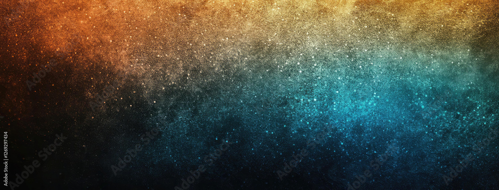 Poster abstract cosmic background with orange and teal gradient and sparkling texture