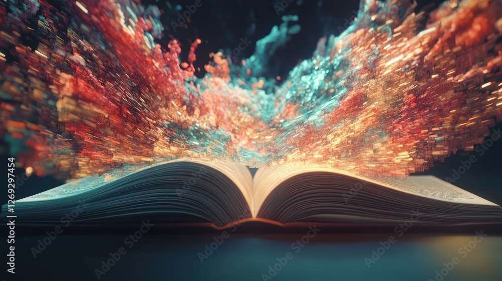 Poster the eruption of knowledge: a vibrant burst of imagination springing from an open book, symbolizing t