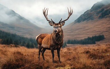 Majestic red deer stag standing proudly amidst the rugged Scottish Highlands with its impressive antlers on display against a misty mountain backdrop evoking a sense of wild beauty and nature's grande