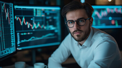 A young financial analyst in a stylish office, modern computer screens displaying stock market graphs behind them, sleek corporate environment with warm lighting, sharp and intelligent expression