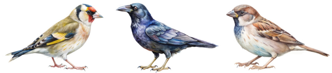 Fototapeta premium Colorful bird illustrations, detailed watercolor style, nature art, wildlife depiction, artistic representation, avian species.