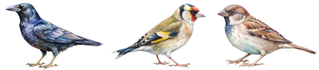 Colorful bird illustrations, detailed watercolor style, nature art, avian diversity, educational purpose, wildlife representation.