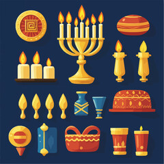 Traditional Hanukkah symbols including a menorah, dreidel, and candl