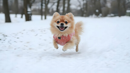 Happy Pomeranian dog running in snowy park