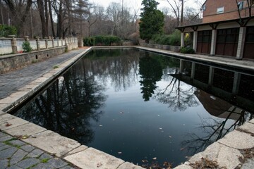 Fototapeta premium Still pool of dark water with subtle reflection, glassy texture, wave patterns