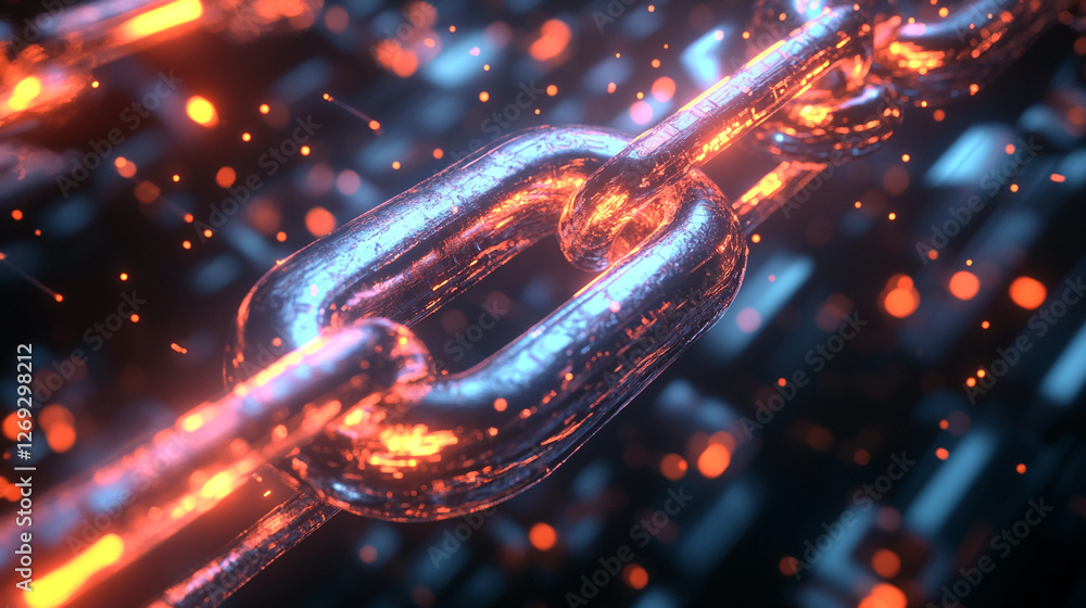 Poster Close-up view of a glowing metal chain with sparks, symbolizing connection, strength, and the concept of digital blockchain technology in a futuristic environment