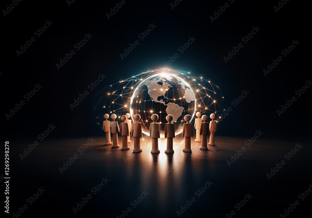 Poster a group of figures encircles a glowing globe with network connections against a dark backdrop, symbo