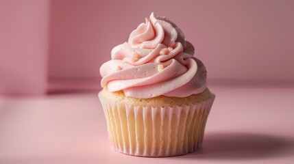 A beautifully frosted pink cupcake with swirls of frosting, set against a soft pink background, perfect for desserts