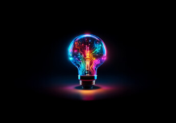 A luminous lightbulb emits vibrant neon colors from its circuit-like interior against a stark black backdrop, symbolizing bright ideas and technological innovation.