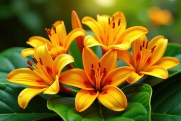 Obraz premium Stunning arrangement of bright orange and yellow banana flowers on a bed of green leaves, foliage, yellow