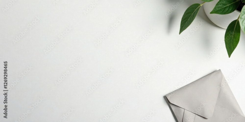 Poster a simple grey envelope and greenery on a white surface minimalist mockup for correspondence