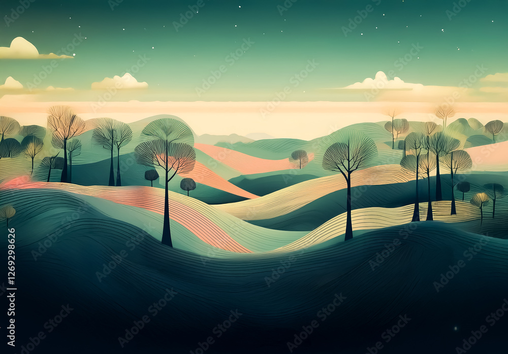 Poster a serene landscape scene with rolling hills and stylized trees under a starry sky. soft, muted color