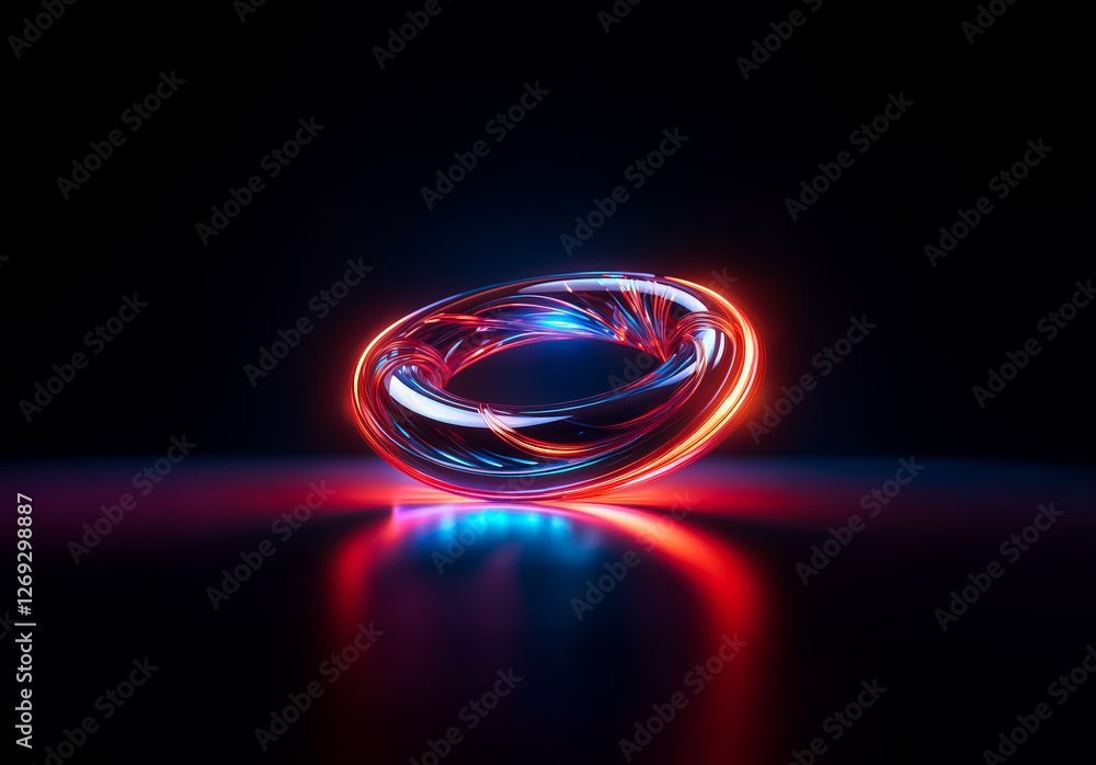 Aufkleber Abstract ring with vibrant red and blue light trails on a dark reflective surface.  Glowing torus shape with dynamic illumination creates a futuristic and modern feel.