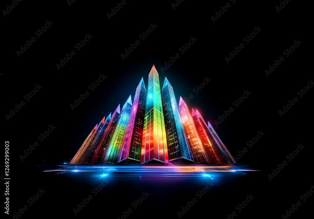 Aufkleber Vibrant, sharp prisms form a pyramid shape, illuminated with a spectrum of colors against a dark backdrop.  Bright light and geometric structure create a futuristic abstract design.