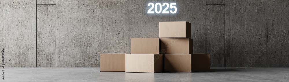 Poster stacked cardboard boxes with abstract backdrop and year 2025 projection for conceptual use