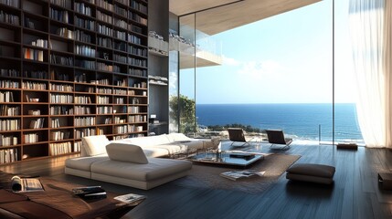 Luxurious living room beautiful view ocean has high bookshelf background home, Generative Ai