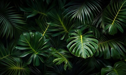 Deep green palm leaves create a lush tropical background with intricate details and a sense of depth evoking a natural exotic and summery vibe perfect for designs