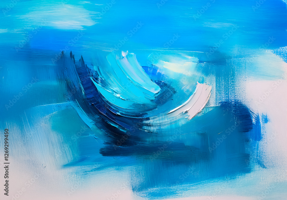 Poster Abstract artwork features dynamic blue and white brush strokes creating a sense of fluid motion and calm serenity. Painted texture evokes water or sky.