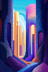 Pointillism art, a hidden dimension where colors shift and gravity bends, with towering structures made of light