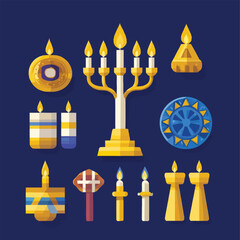 Fototapeta premium Traditional Hanukkah symbols including a menorah, dreidel, and candles.