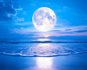 Full moon over tranquil beach at twilight