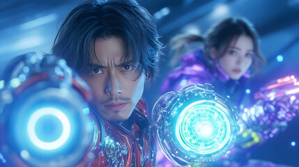 Futuristic Anime Characters Engaged in a Game