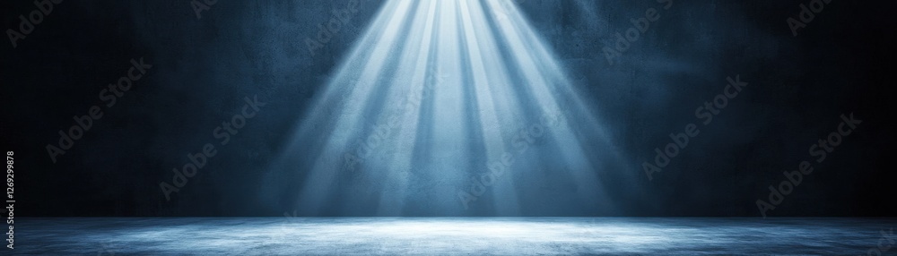 Poster dramatic light beam illuminating empty dark space with soft fog and textured background for creative