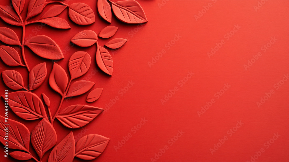 Poster background, textured red background with embossed leaves creating an elegant, minimalistic design.