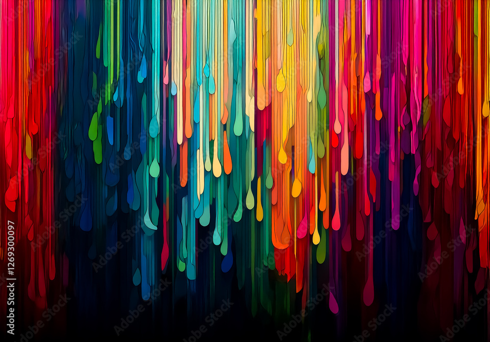 Poster Colorful paint drips down a dark canvas, creating a vibrant and dynamic abstract artwork with flowing streams and bright hues.