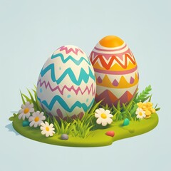 A cartoon-style icon of two Easter eggs with flowers on the grass in pastel colors.